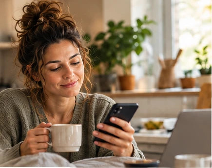 Mother using the BEFORE I SNAP reset tool on her phone at home.